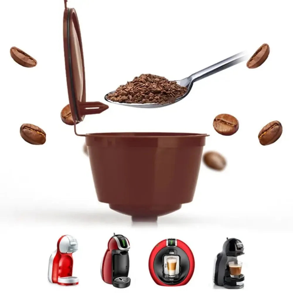 A set of reusable coffee capsules and accessories for Dolce Gusto machines, including pods and a grinder.
