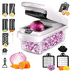 A white 15-in-1 multifunctional vegetable chopper showing various tools and sliced red onions.