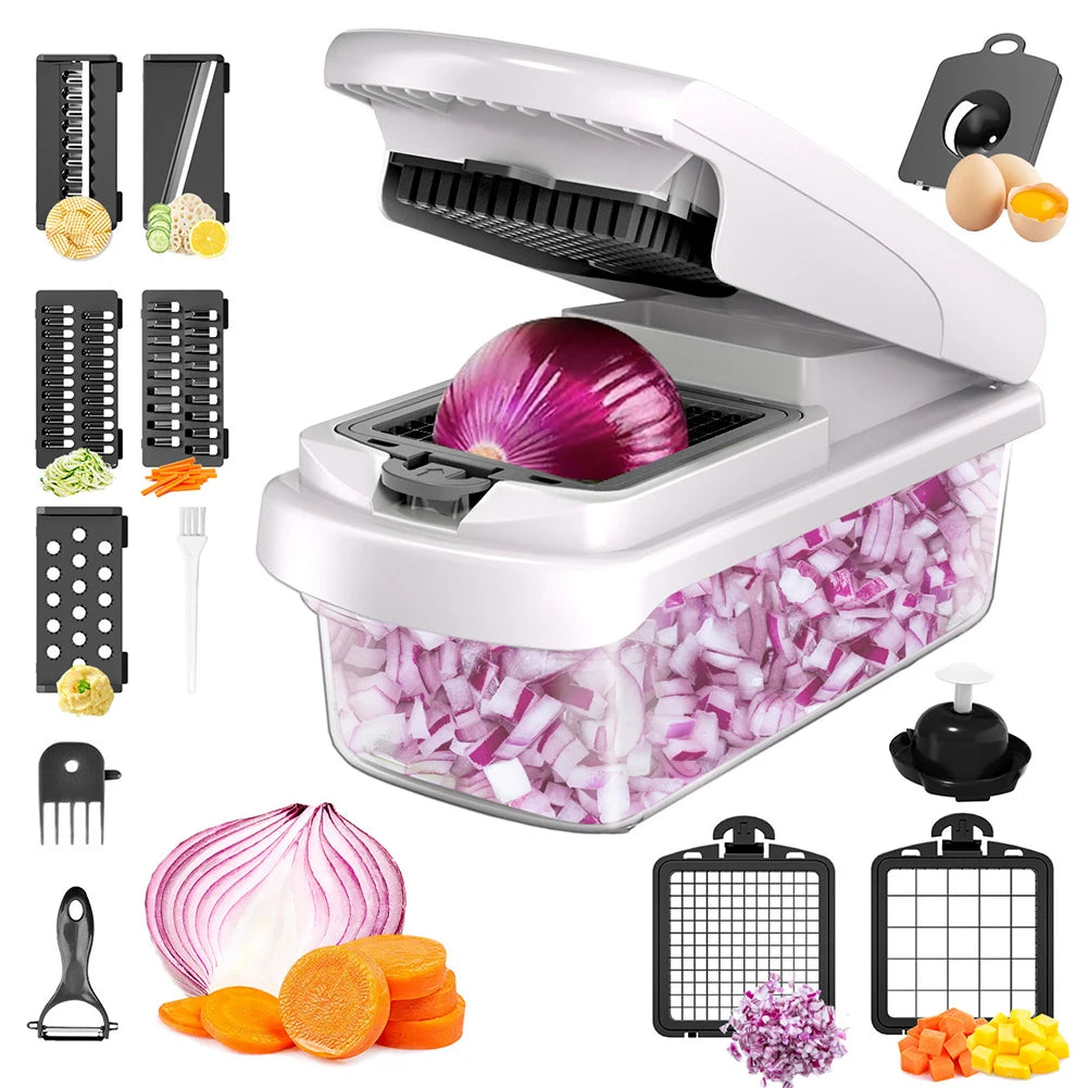 A white 15-in-1 multifunctional vegetable chopper showing various tools and sliced red onions.