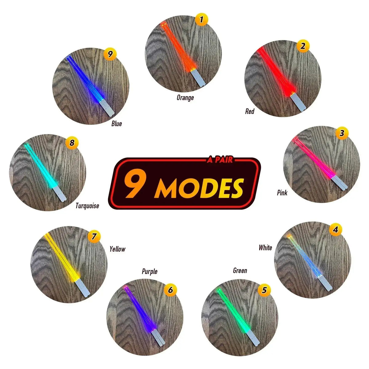 Un juego de nueve lightsabers o palillos LED de varios colores y ángulos.