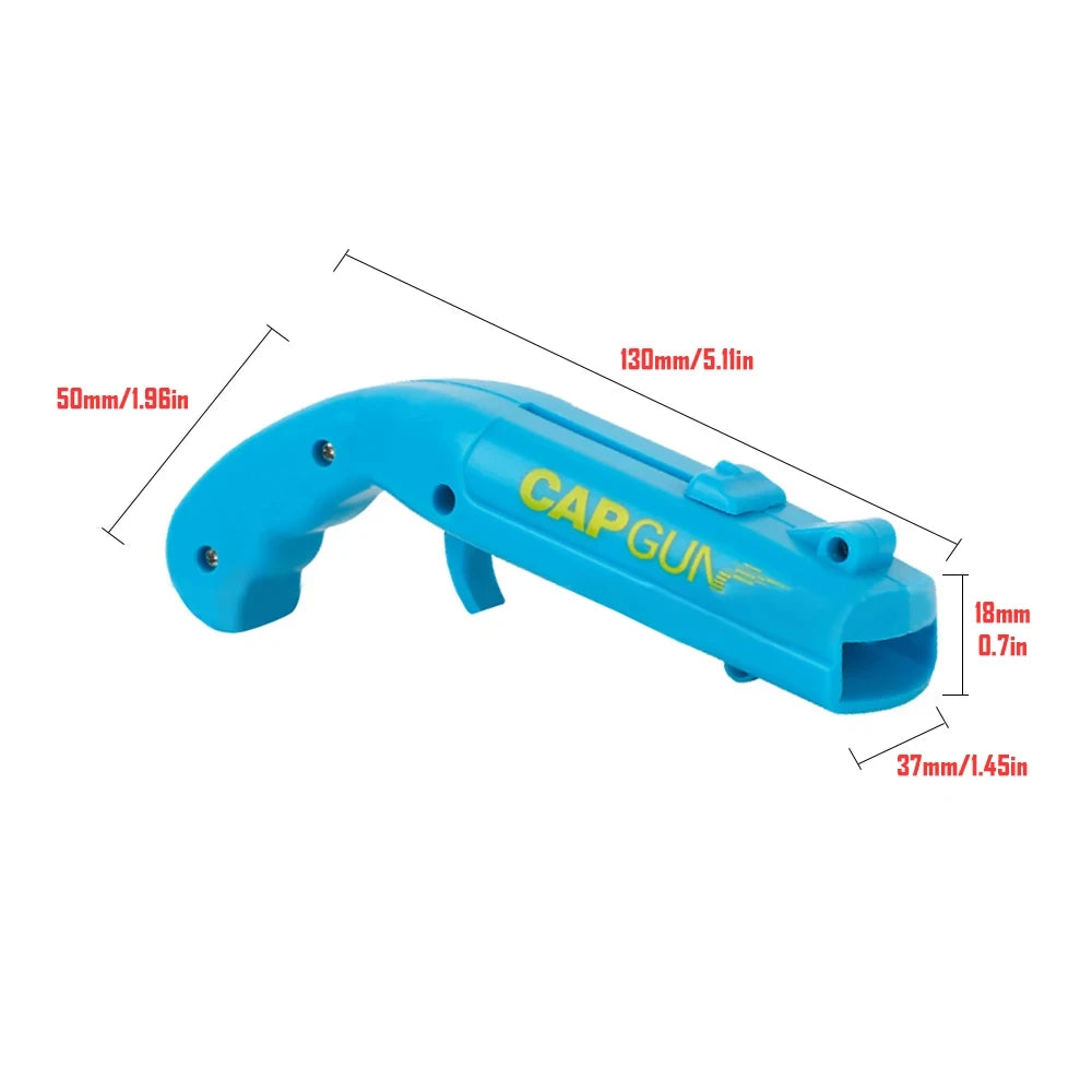 A blue portable bottle opener cap gun with measurements indicating its size.