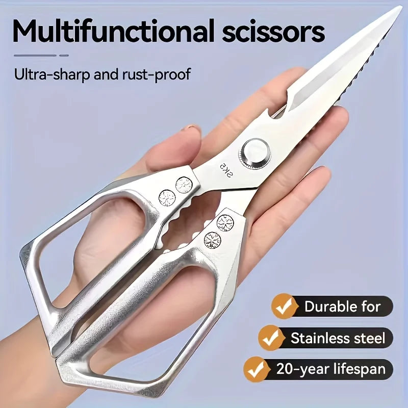 A hand holds a pair of multifunctional scissors made of stainless steel, demonstrating their ultra-sharp and rust-proof featu