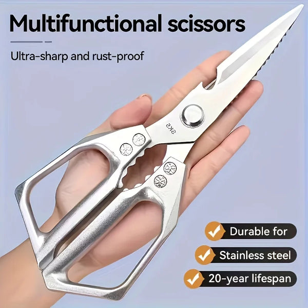 Eine Hand hält eine multifunktionale Schere aus Edelstahl, die ihre ultra-scharfe und rostfreie Funktion demonstriert