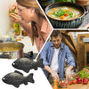 Reusable iron fish kitchen accessory set showing a woman preparing food and black fish shapes.