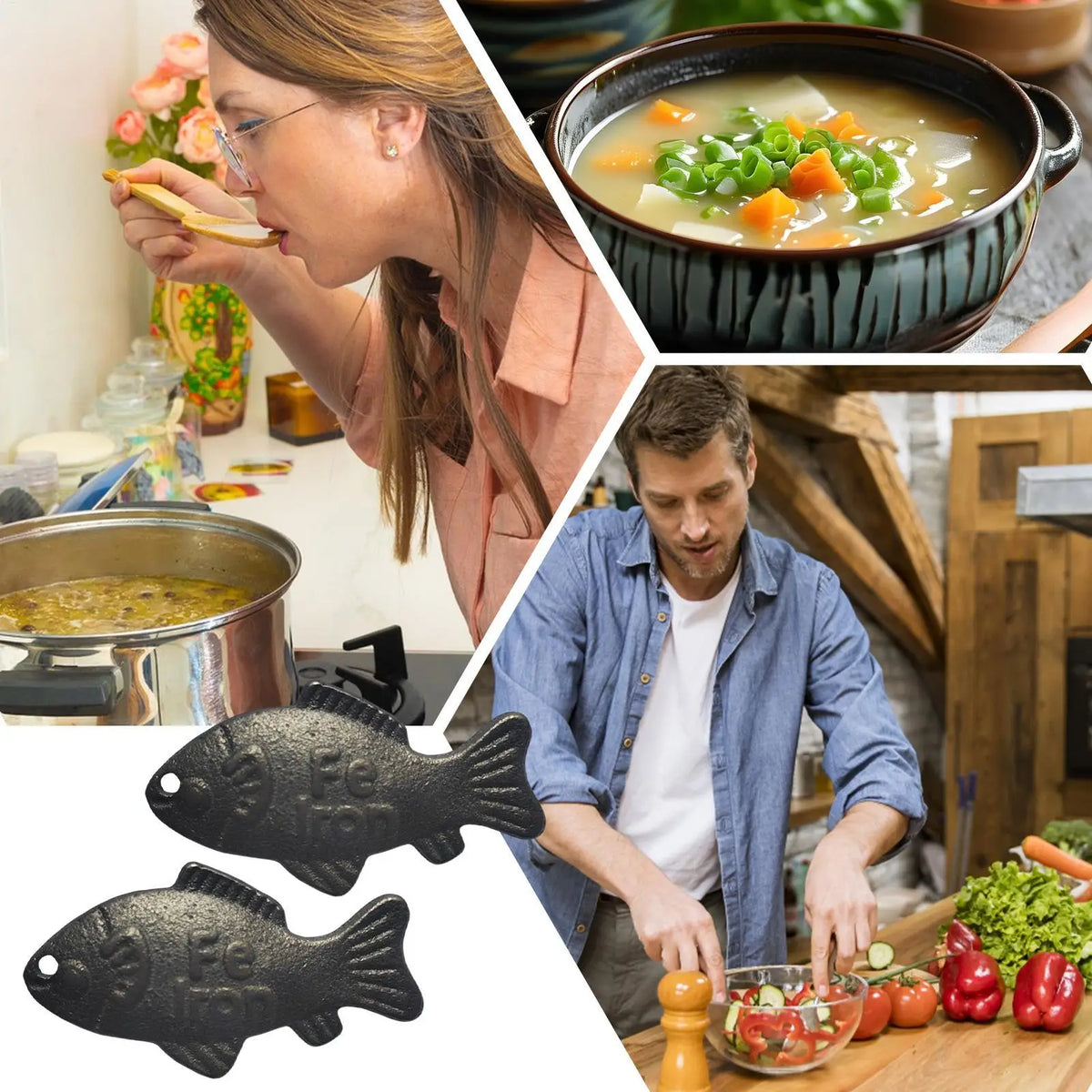 Reusable iron fish kitchen accessory set showing a woman preparing food and black fish shapes.