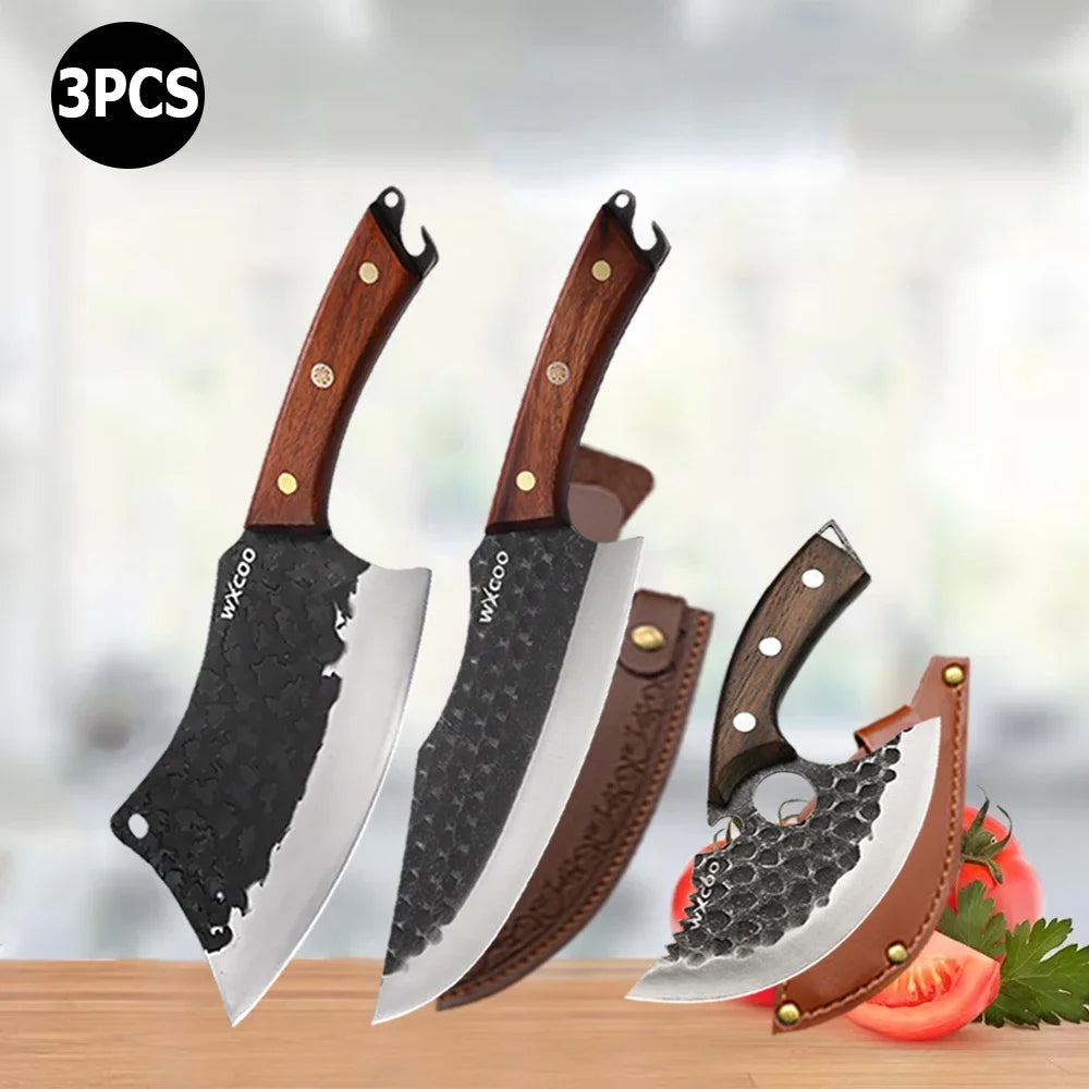 Three handmade forged chef knives with wooden handles displayed on a wooden surface.