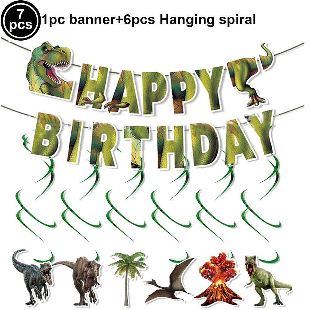 A set of dinosaur-themed birthday banner and hanging spiral decorations.