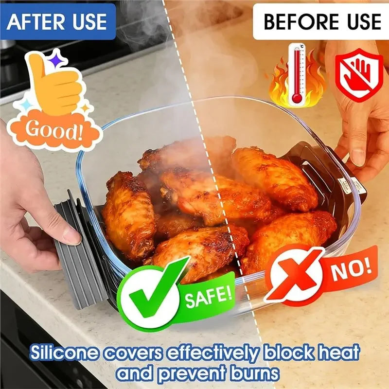 A silicone cover is shown protecting food inside an air fryer basket, demonstrating its heat resistance and safety.