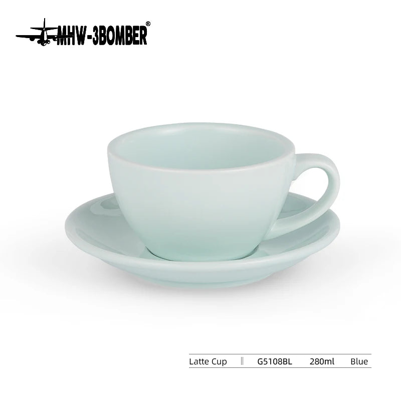 A light blue ceramic latte cup and saucer set.