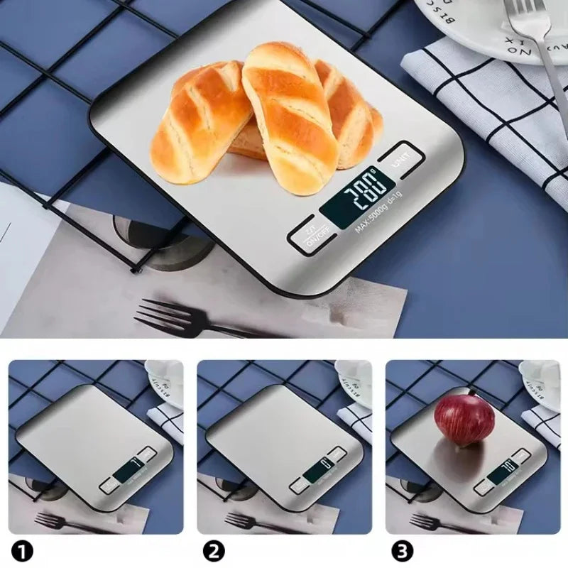 A precision digital kitchen scale is shown measuring a piece of baked bread on a dark blue surface.