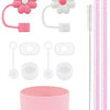 A set of reusable silicone straw covers, cleaning brushes, and a pink silicone cup.