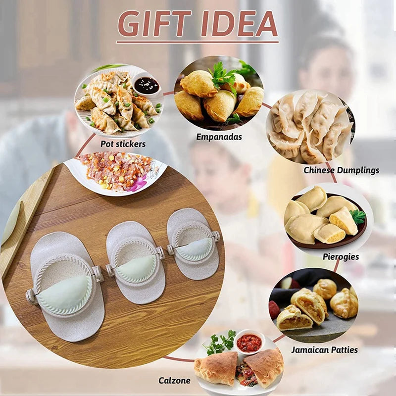 A set of dumpling and empanada press molds shown with various filled pastries like empanadas, Chinese dumplings, pierogies, a