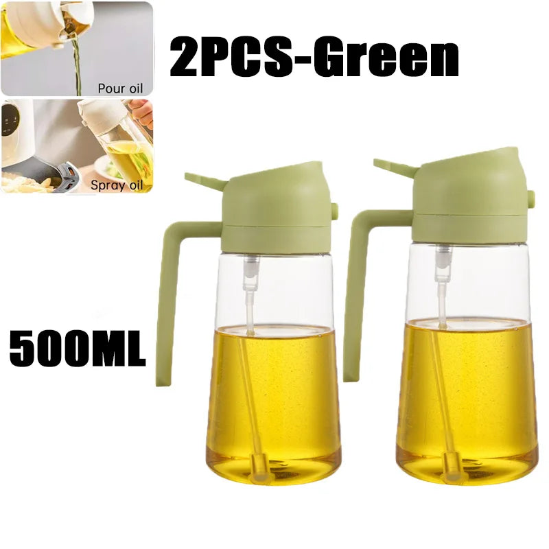 Two 500ml green oil spray bottles with droppers shown next to a pour and spray oil context.