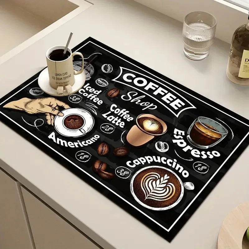 A black mat for coffee drying with illustrations of various coffee drinks like iced coffee latte and espresso
