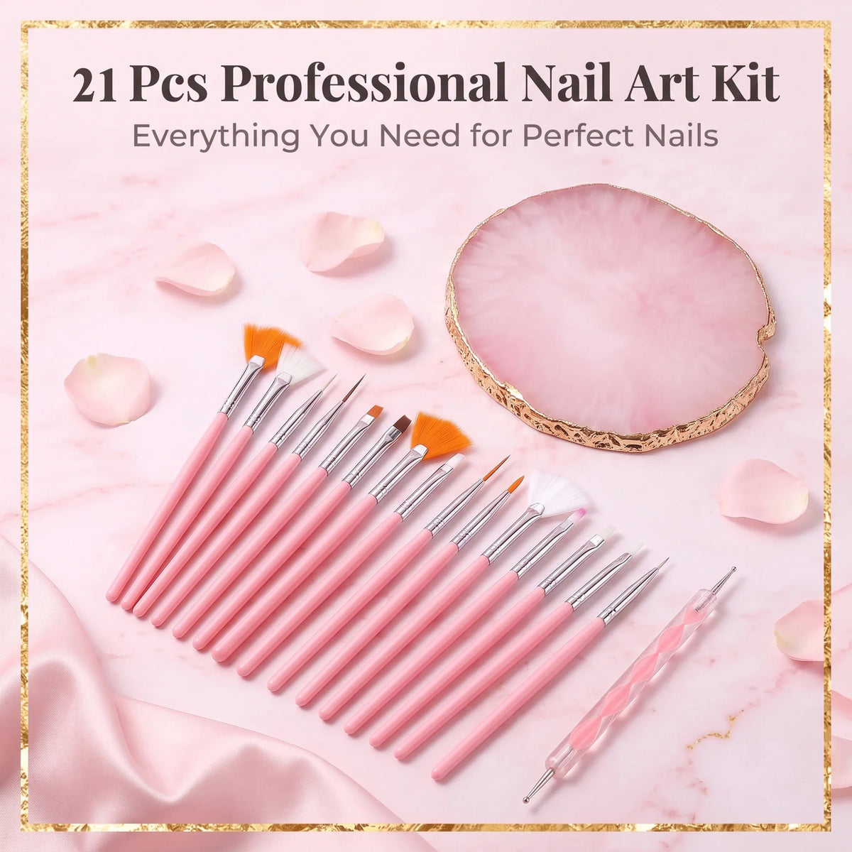 A pink professional nail art kit featuring brushes, dotting tools, and a natural pink palette on a marble background.