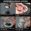 Installation steps showing how to install a gas stove switch knob cover using adhesive backing and a rubber ring.