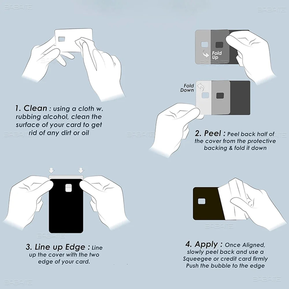 Instructions for applying N-Nirvana Band anime debit card stickers to a card.