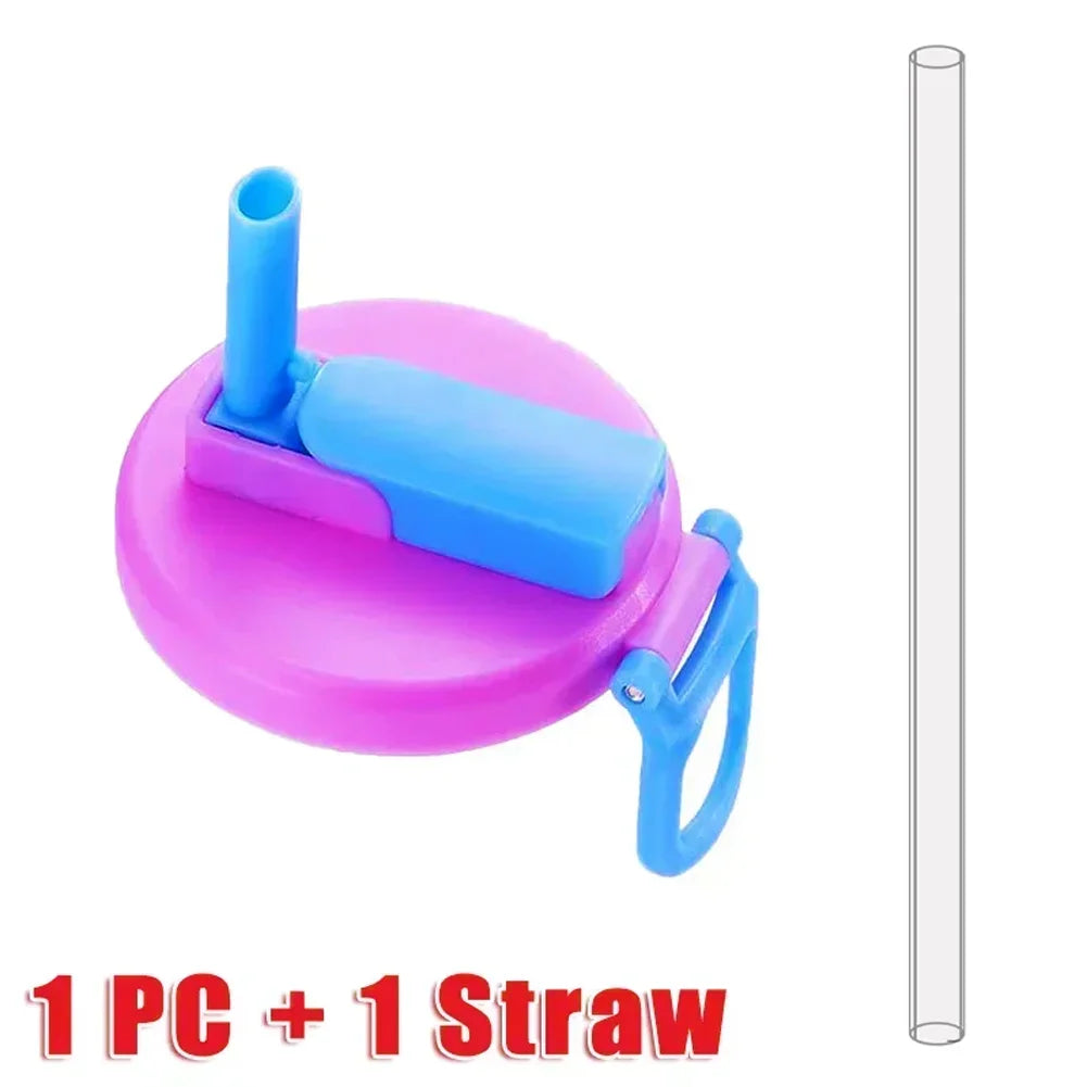 A purple silicone can lid with a blue straw attached, shown next to a clear glass tube.