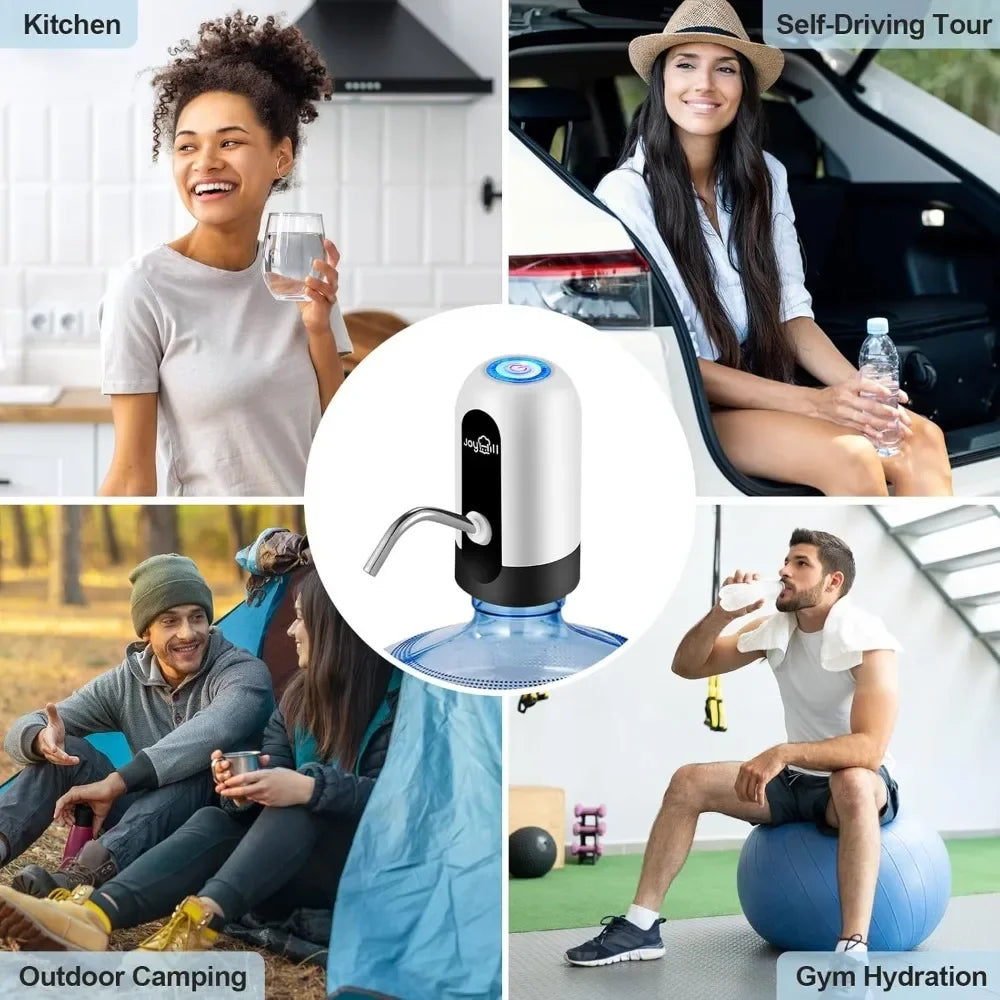 A collection of images showing a portable electric water dispenser pump used in various contexts like kitchen, self-driving t