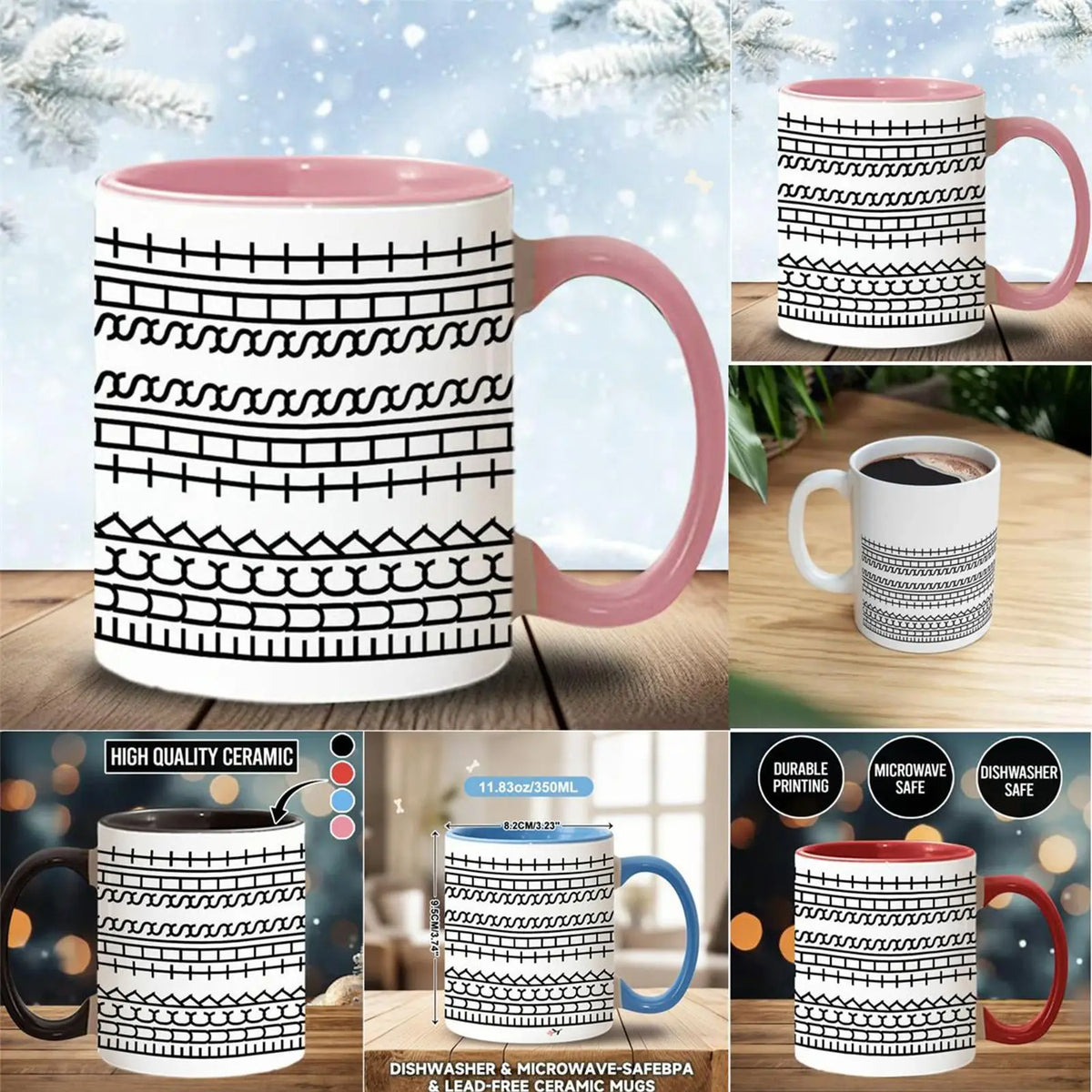 A white ceramic coffee mug with black decorative patterns and a pink handle, shown in various angles.