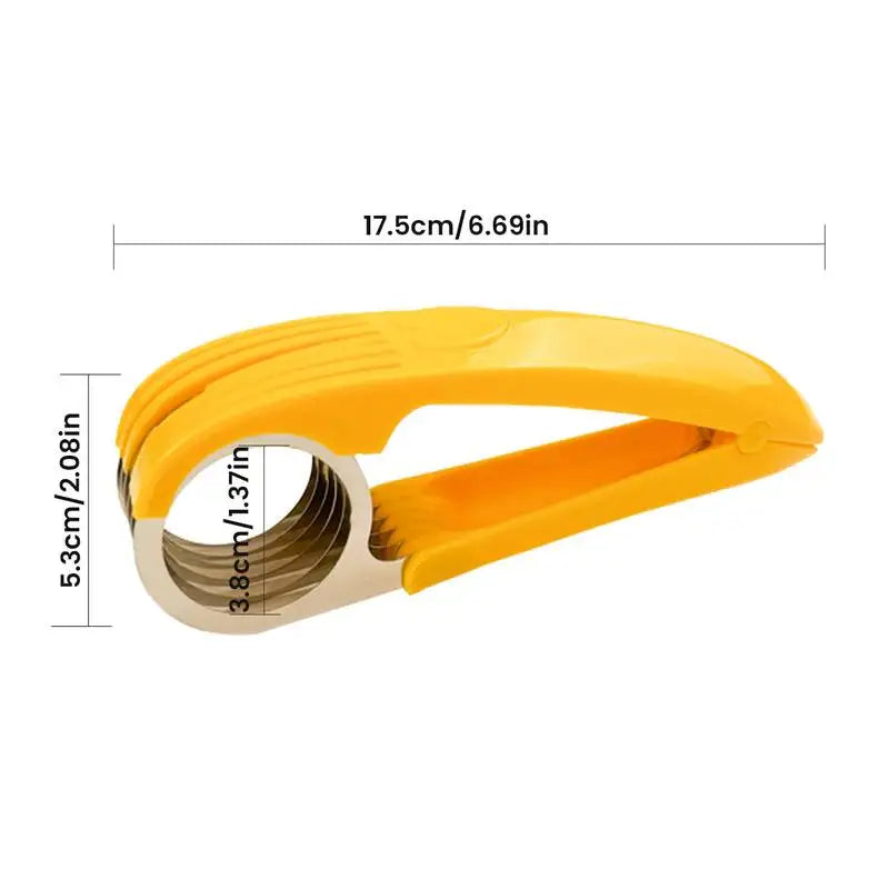 Yellow manual vegetable slicer tool with a 17.5cm length and 5.3cm width.