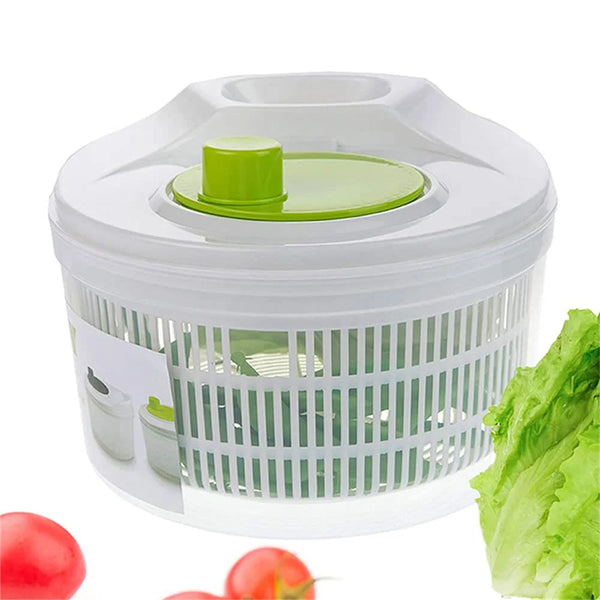 Weiße Salatschleuder- und Abgießset mit grüner Siebkorb und frischem Salat sichtbar.