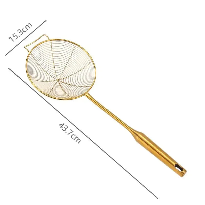 A stainless steel golden hot pot colander with a 15.3cm mesh and a 43.7cm handle.