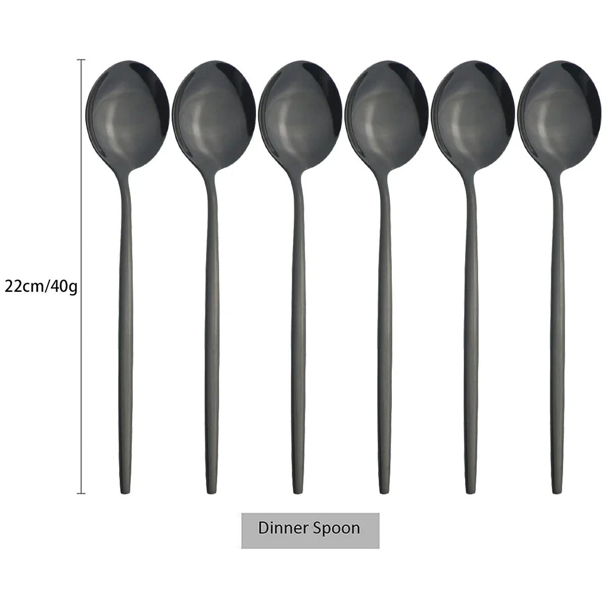 A set of six dark gray dinner spoons with 22cm length and 40g weight.