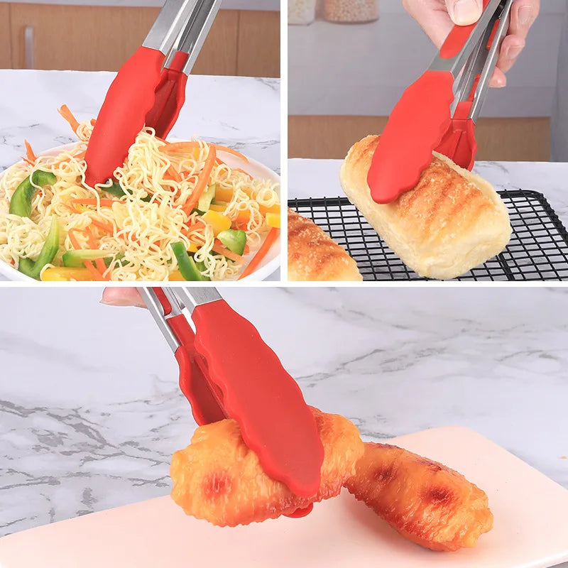 Red silicone kitchen tongs used to flip food like noodles and bread on a grill or BBQ.