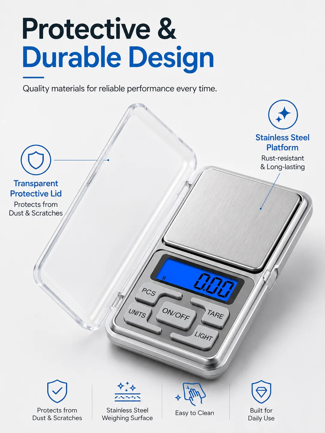 A silver digital precision scale with a transparent protective lid, designed for durable and reliable use.