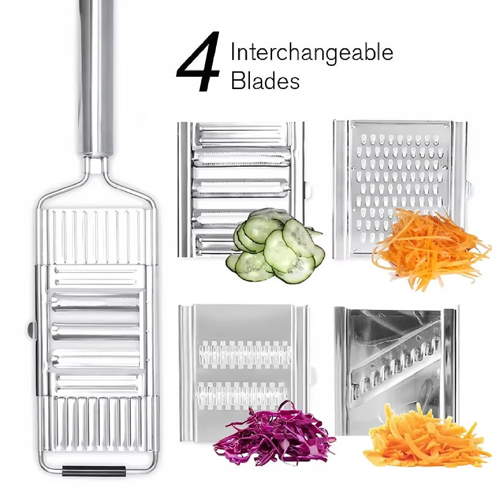 Stainless steel manual vegetable grater and slicer with interchangeable blades and fresh grated vegetables