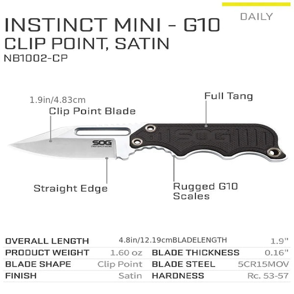 Nahaufnahme des Instinct Mini G10 Clip-Point-Messers mit Klinge, Griff und Skalen.