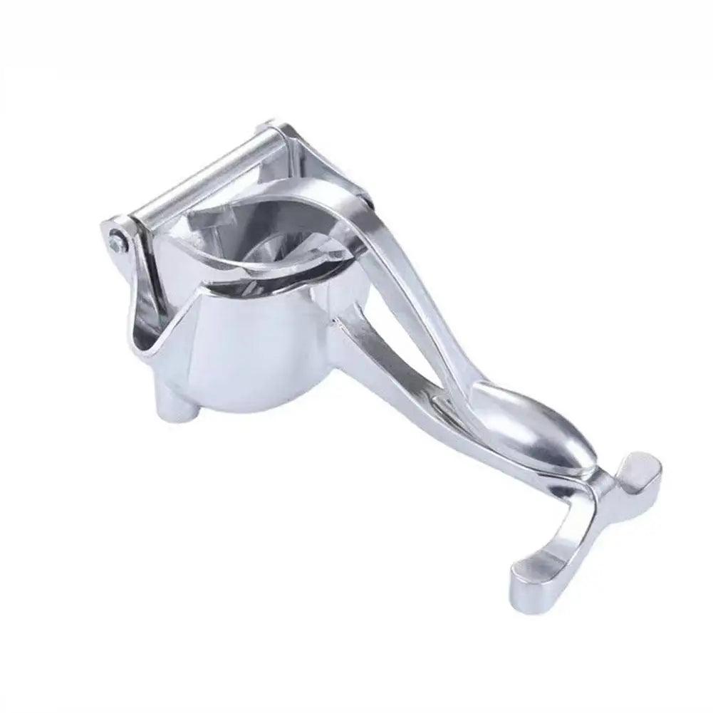 A silver heavy-duty metal citrus juicer tool.