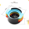 A multi-function egg cutter and beater tool shown with various colored plastic components and dimensions.
