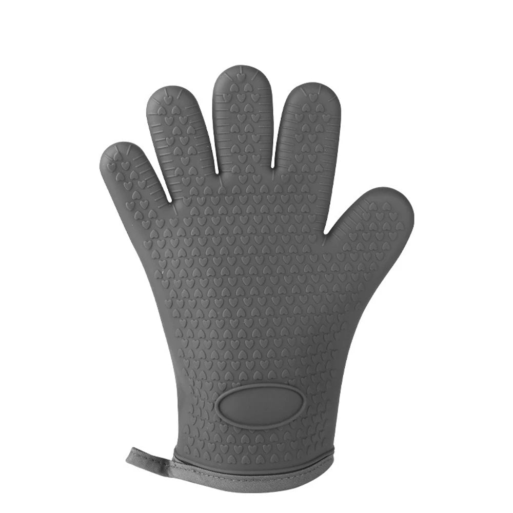 Gray silicone oven gloves with textured palms and a thumb loop for high-heat cooking.