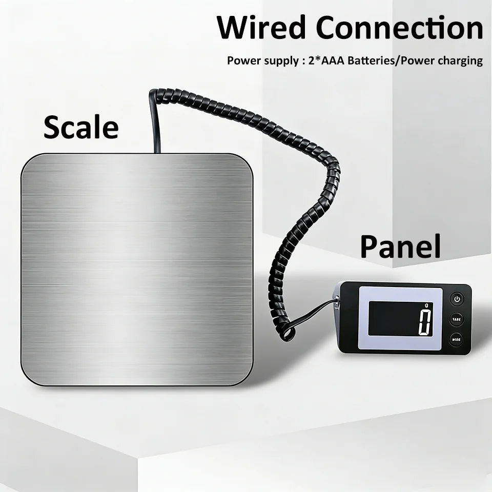 A silver digital scale panel connected by a wire to a power supply for measurement.