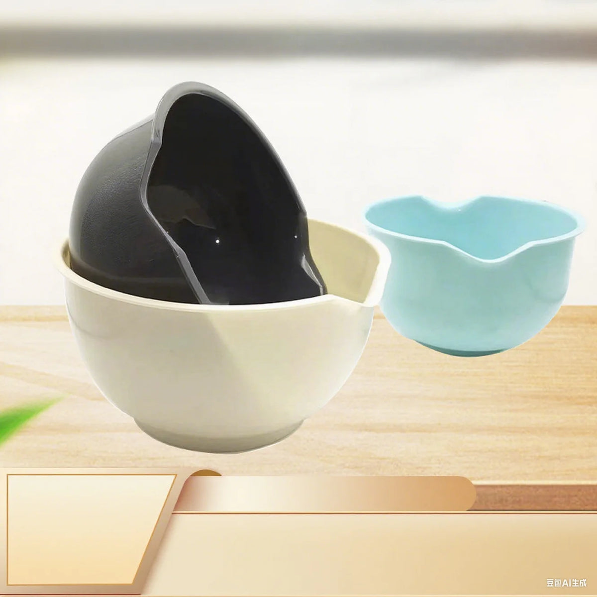 A stack of multi-sized plastic salad bowls in white and light blue are shown on a wooden surface.