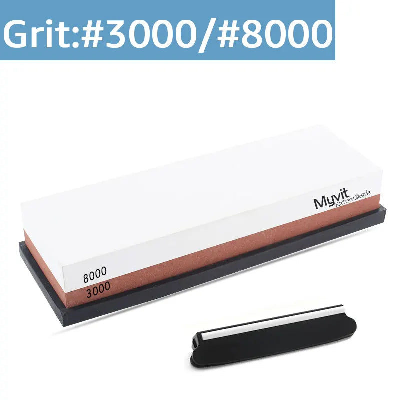 A set of two dual-sided knife sharpening stones, labeled Grit 3000 and 8000, shown with a black base.