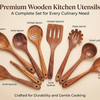 A collection of ten premium wooden kitchen utensils including spoons, spatulas, and serving tools crafted for durability.