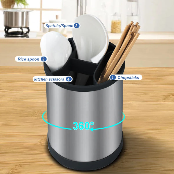 Edelstahl-Geschirr-Abtropfaufsatz, der verschiedene Utensilien wie Spatel, Löffel und Chopsticks hält.