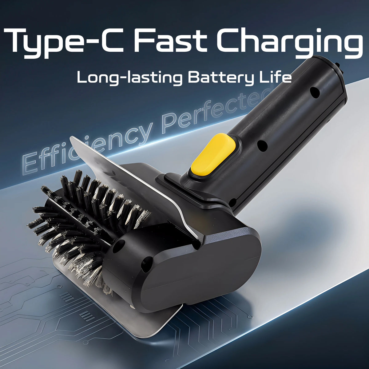 A black rechargeable electric BBQ cleaning brush with a yellow handle is shown on a surface.