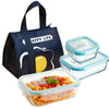 A dark blue reusable tote bag with a white logo and several clear glass airtight lunch containers.