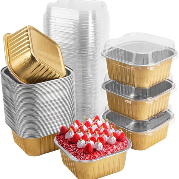 Sammlung von antihaftbeschichteten Aluminium-Baking-Tassen in Gold- und Silberfarben, inklusive Stapel und einzelne Tassen
