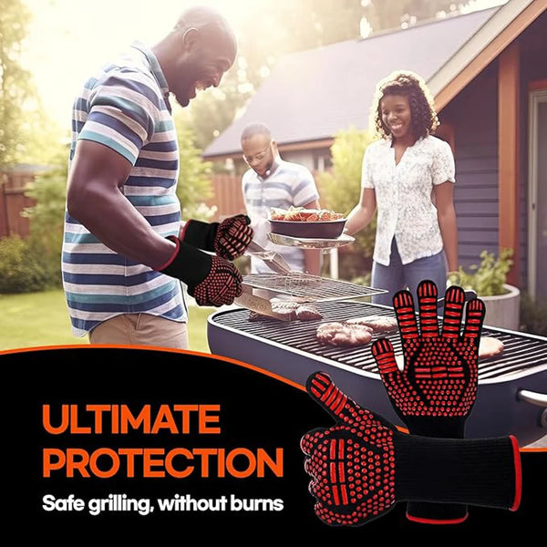 A man is using heat resistant silicone BBQ and oven mitts to grill food on a barbecue.