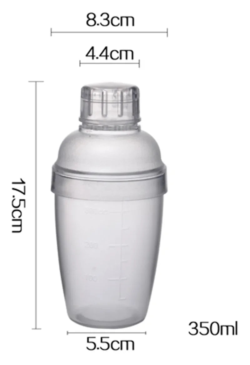 A clear plastic cocktail shaker bottle with a screw cap, measuring 350ml.