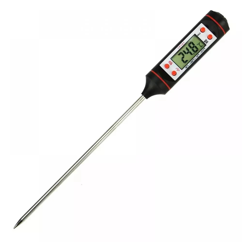 Digital meat thermometer with a black and red probe displaying a temperature of 24.8 degrees Celsius