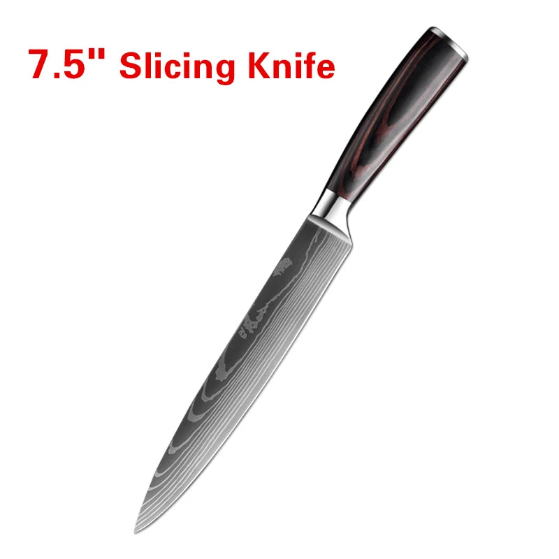 A close-up view of a 7.5 inch Damascus slicing knife with a dark handle and polished blade.