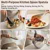 A silicone cooking spoon spatula with a wooden handle is shown being used for various kitchen tasks like mixing and serving.