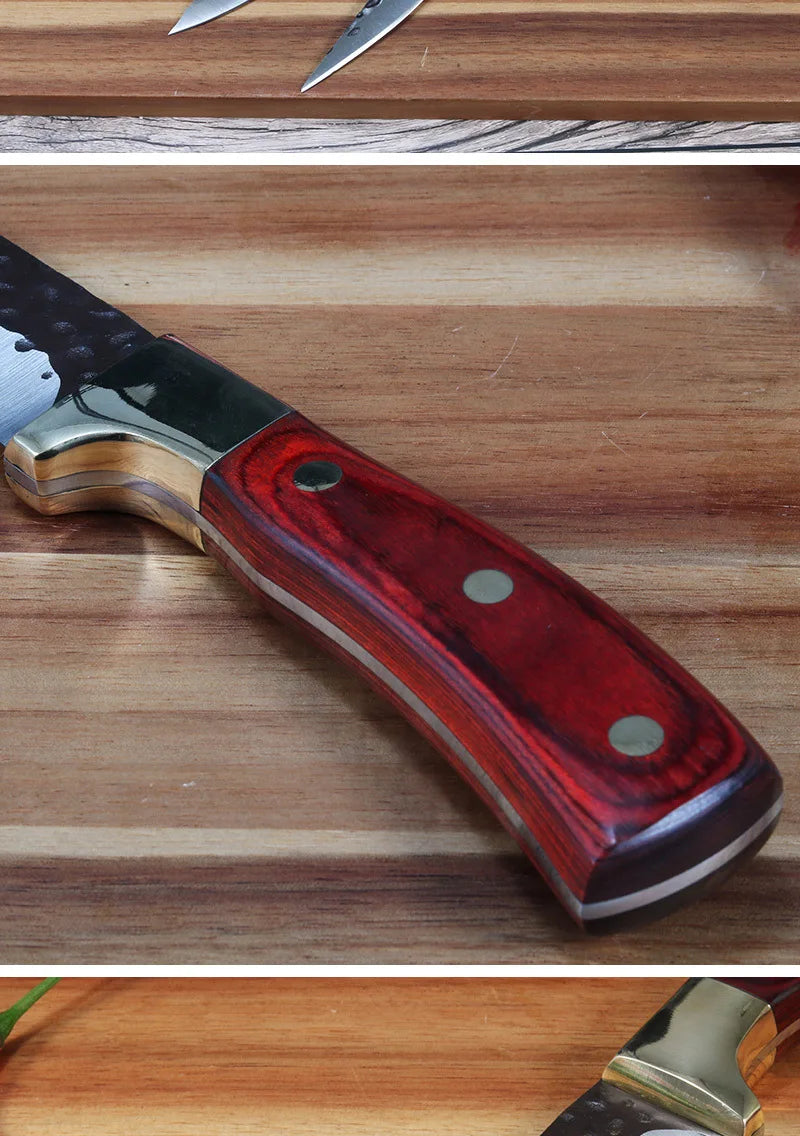 A close-up view of a stainless steel knife with a dark wood handle resting on a wooden surface.