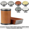 A set of magnetic rolling knife sharpeners featuring various grit stones and a wooden handle.